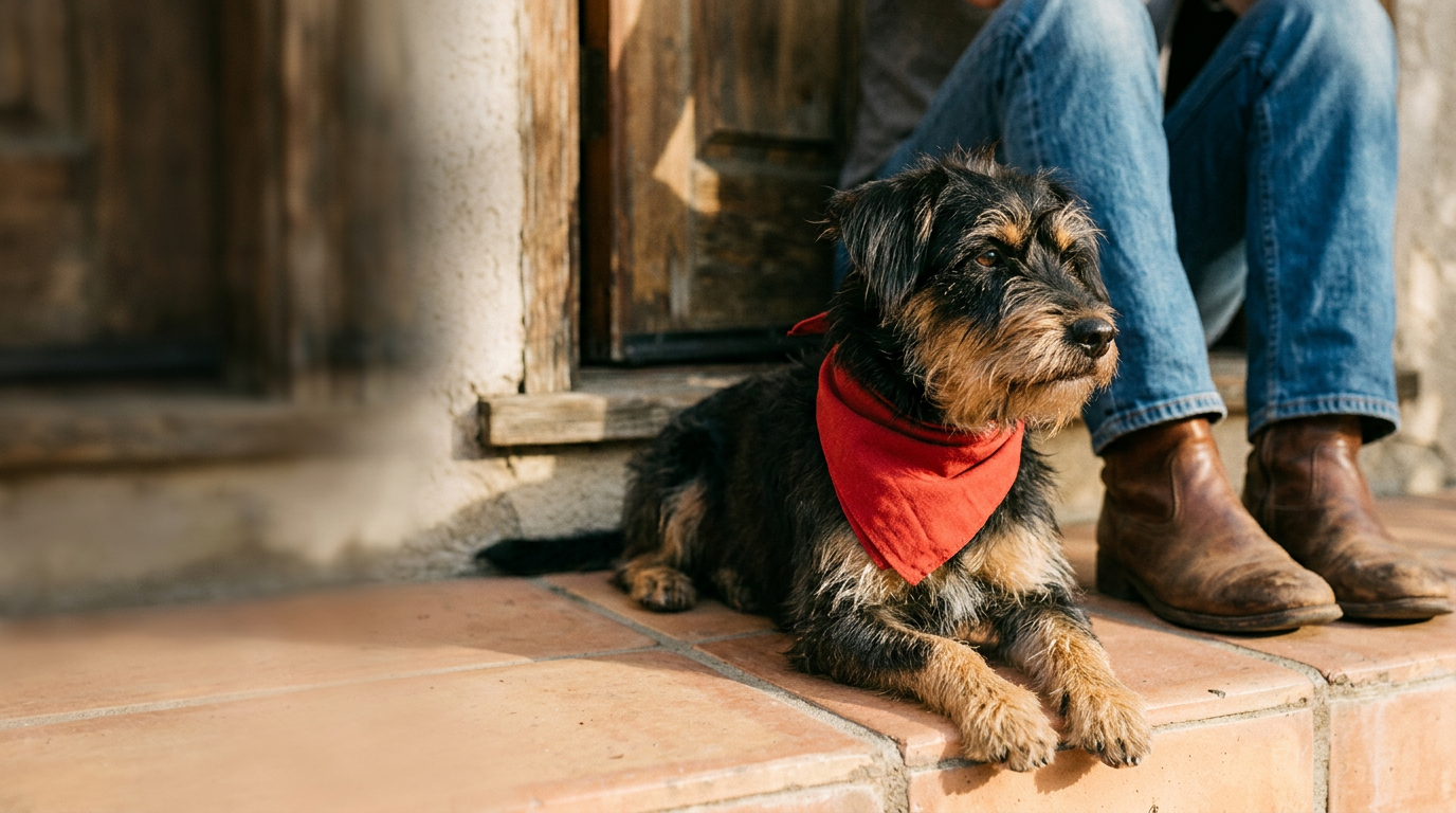 Lifestyle photo of Rescue Dog Wines merch worn with a rescue dog