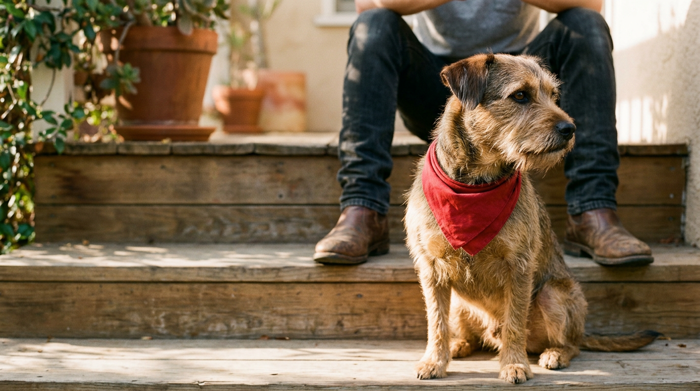 Lifestyle photo of Rescue Dog Wines merch worn with a rescue dog