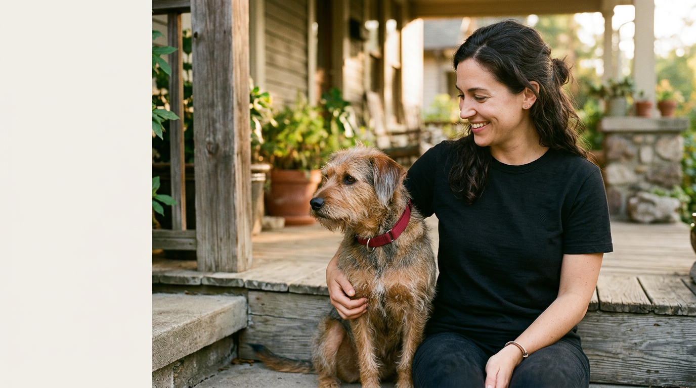 Lifestyle photo of Rescue Dog Wines merch worn with a rescue dog